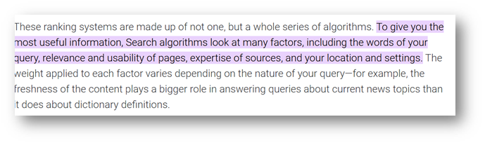 Google's official definition from their site on how search works extracted in picture format for the blog - Why does Google keep changing its algorithm