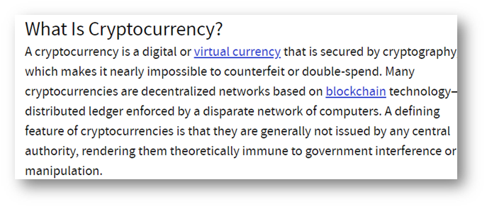 Cryptocurrency guide - official definition snippet from Investopedia on what is cryptocurrency