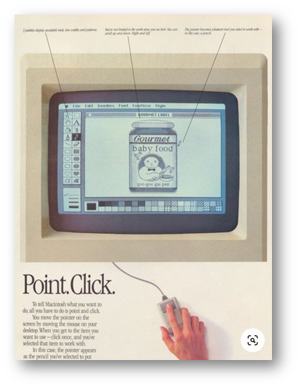 branding strartegy of apple in the early days with a Point.Click Ad from the 1980s