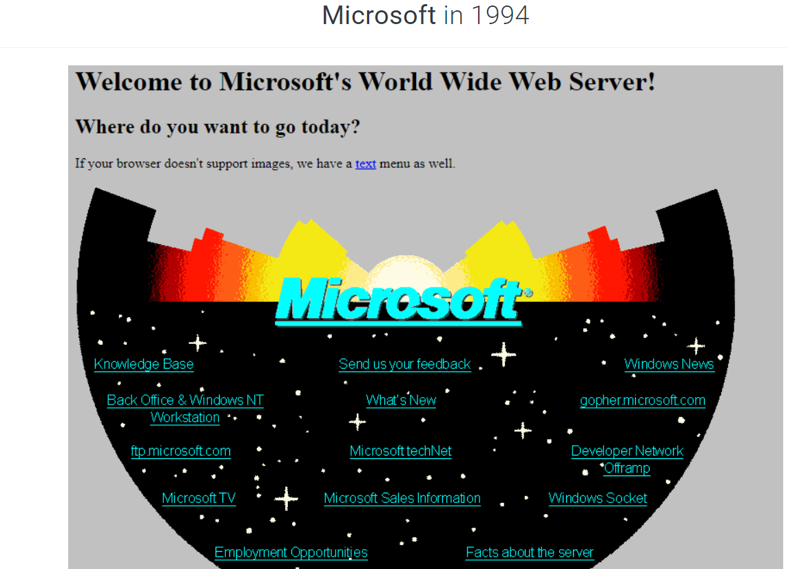 Web Design Trends showcased with Microsoft's Home Page from 30 years ago